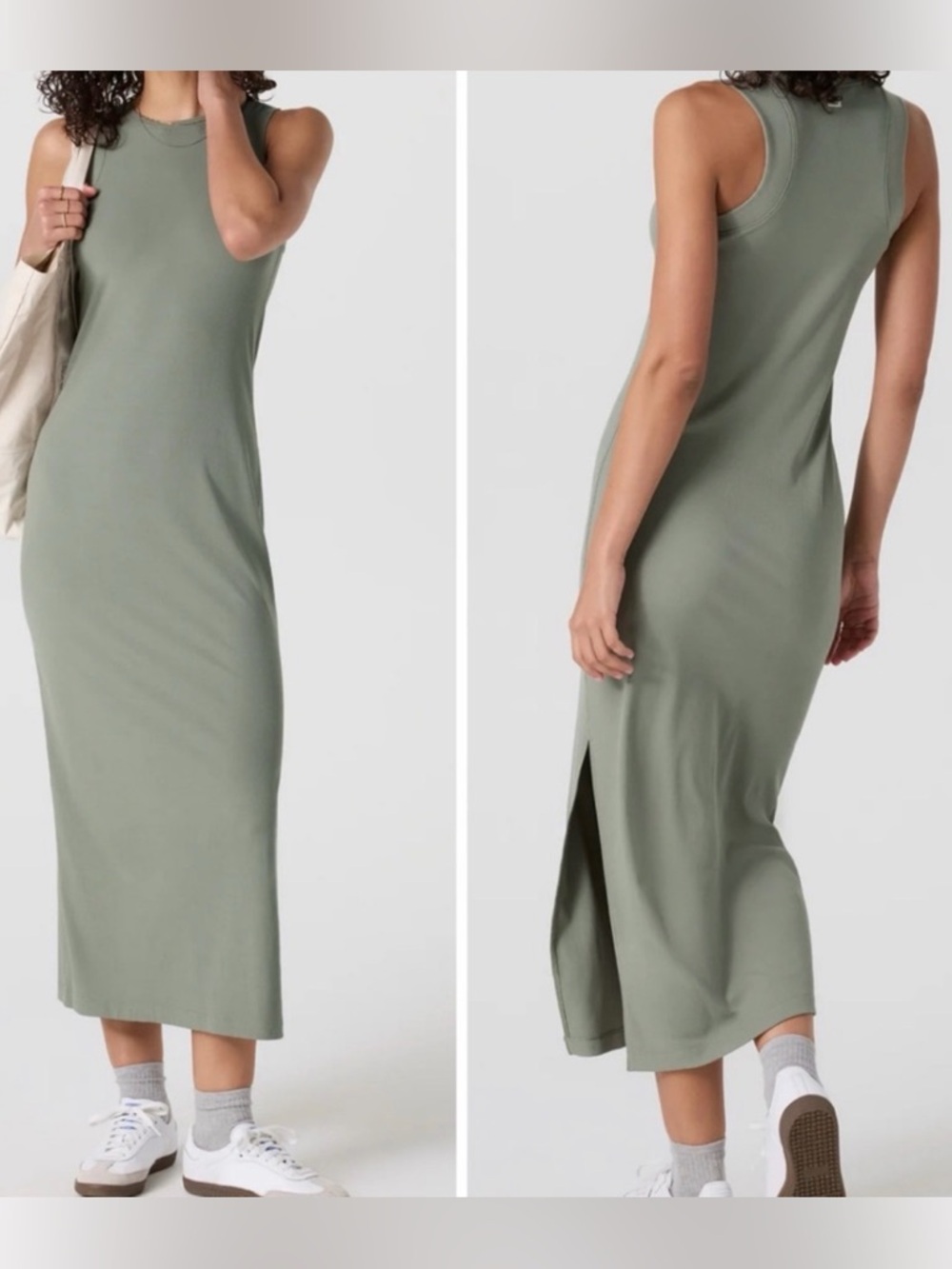 Vuori Pose Modern Fitted Rib Knit Dress Ankle Length Laurel Size Large